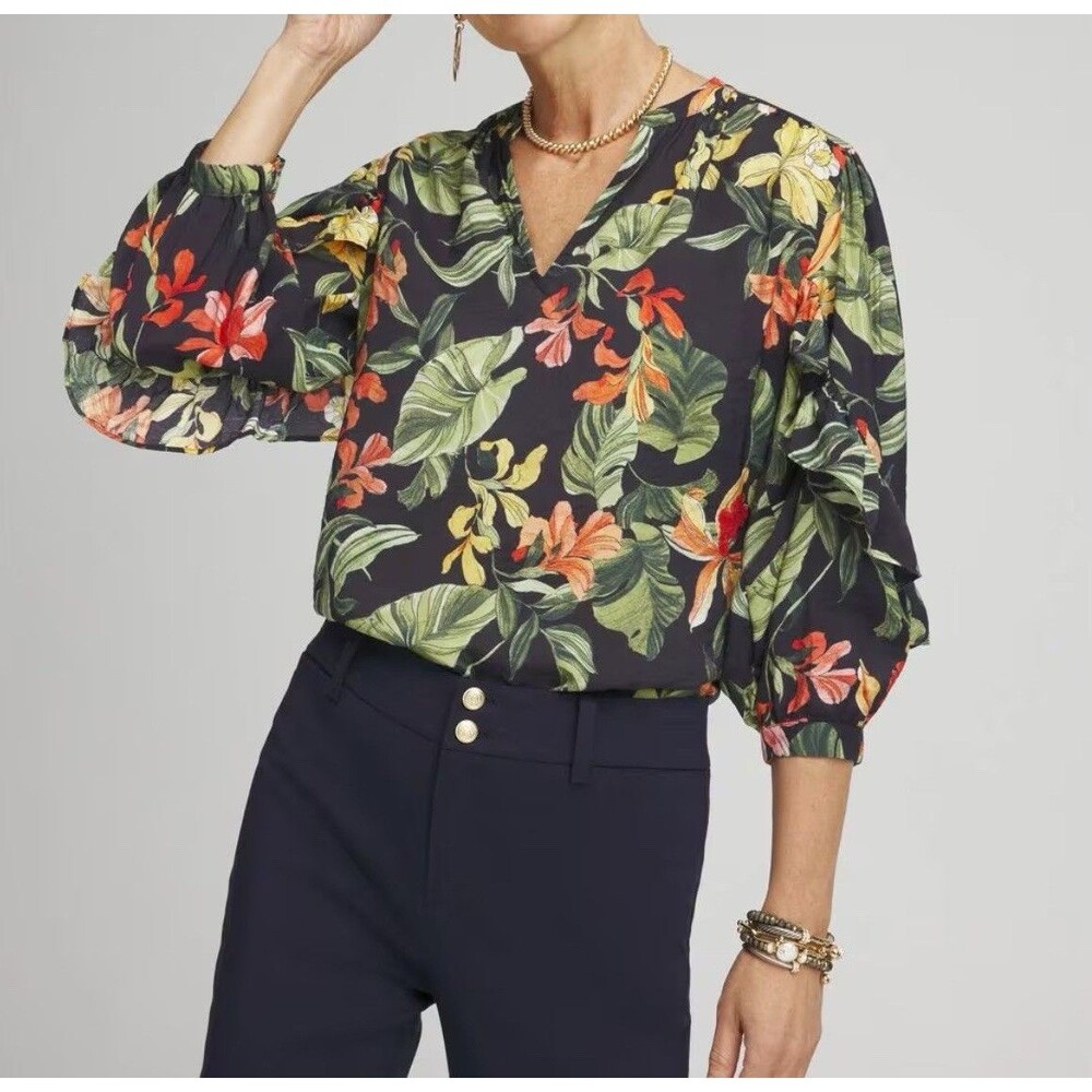 CHICO'S  Womens Sz 10 Floral Orchid Print Balloon Sleeve Blouse Top Boho Resort